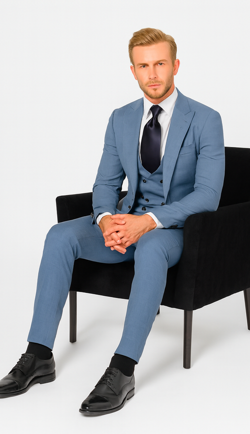 Rossi Man MAX RM1387 Slim Fit 3-Piece Suit - Solid Blue Formalwear for Men USA Men's Outlet