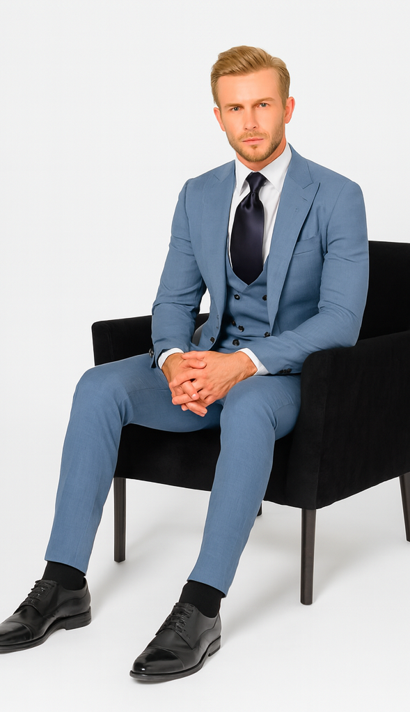 Rossi Man MAX RM1387 Slim Fit 3-Piece Suit - Solid Blue Formalwear for Men USA Men's Outlet