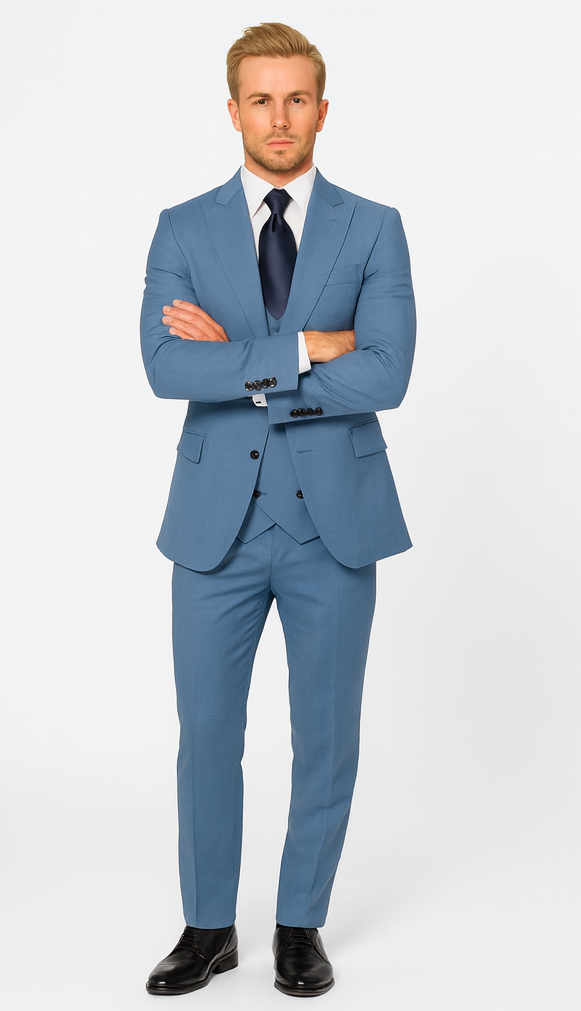 Rossi Man MAX RM1387 Slim Fit 3-Piece Suit - Solid Blue Formalwear for Men USA Men's Outlet