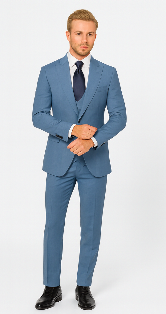 Rossi Man MAX RM1387 Slim Fit 3-Piece Suit - Solid Blue Formalwear for Men USA Men's Outlet