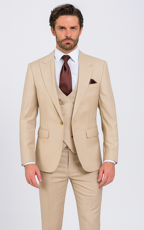 Rossi Man MAX RM1391 Beige Slim Fit 3-Piece Suit - Men’s Modern Formalwear by USA Men's Outlet