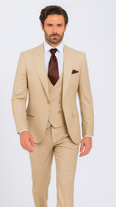 Rossi Man MAX RM1391 Beige Slim Fit 3-Piece Suit - Men’s Modern Formalwear by USA Men's Outlet