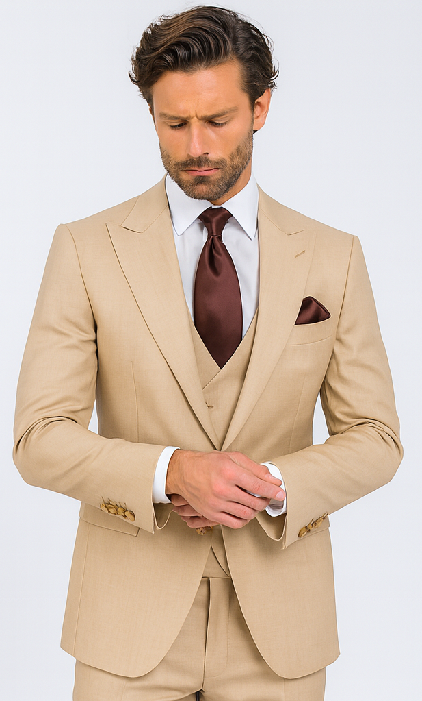 Rossi Man MAX RM1391 Beige Slim Fit 3-Piece Suit - Men’s Modern Formalwear by USA Men's Outlet