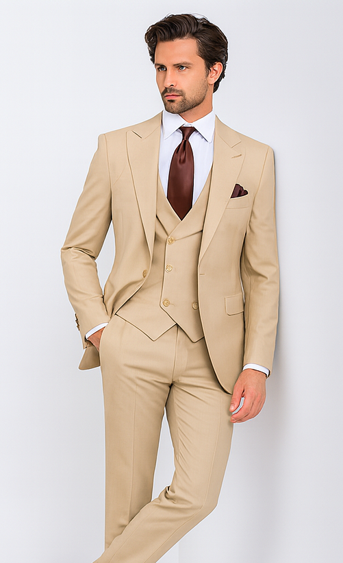 Rossi Man MAX RM1391 Beige Slim Fit 3-Piece Suit - Men’s Modern Formalwear by USA Men's Outlet