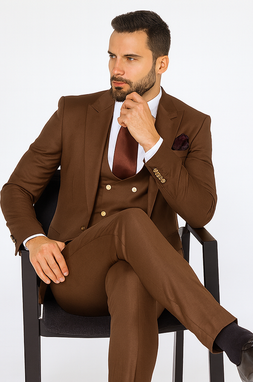 Rossi Man MAX RM1392 Brown Slim Fit 3-Piece Suit - Men’s Formalwear by USA Men's Outlet