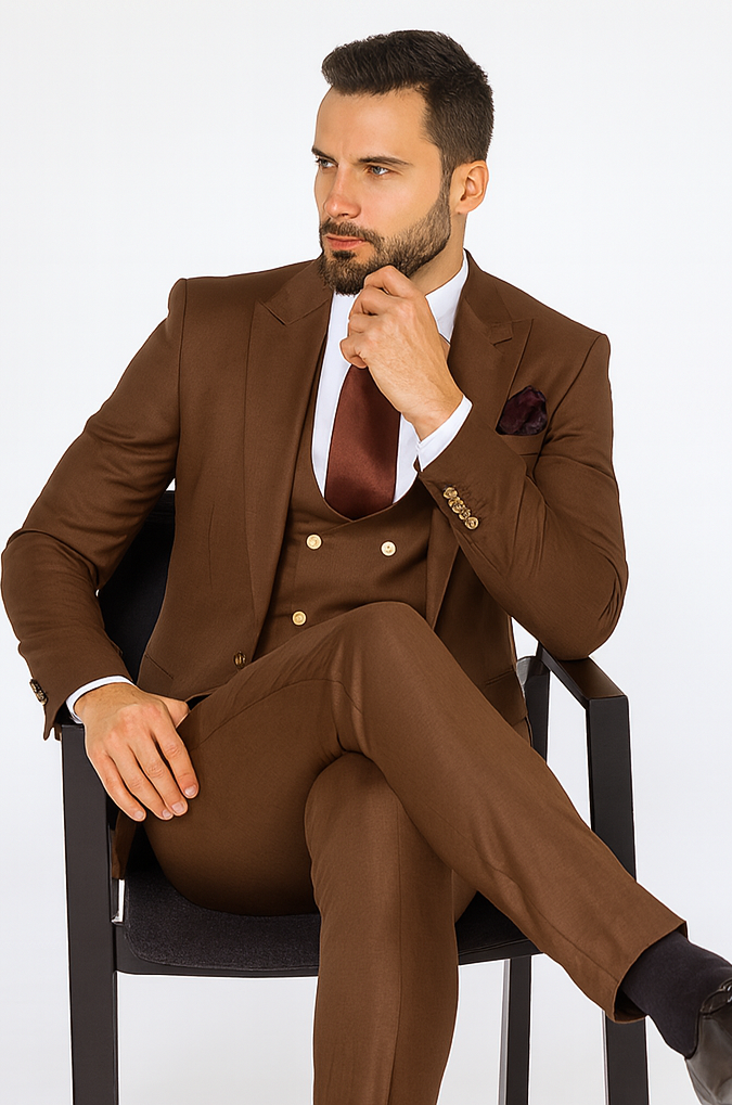 Rossi Man MAX RM1392 Brown Slim Fit 3-Piece Suit - Men’s Formalwear by USA Men's Outlet