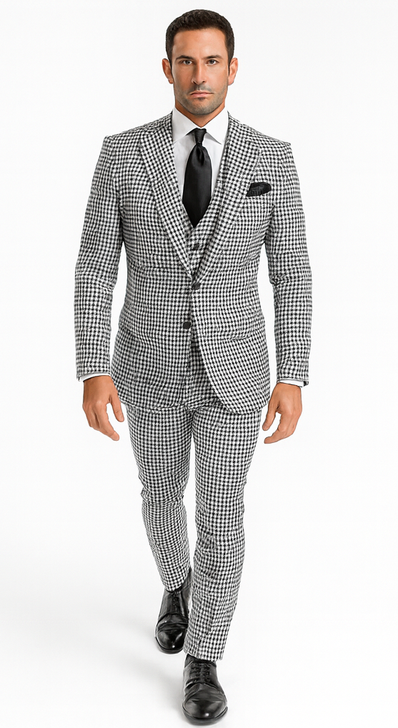 Rossi Man MAX RM1710 Slim Fit 3-Piece Black and White Houndstooth Suit USA Men's Outlet