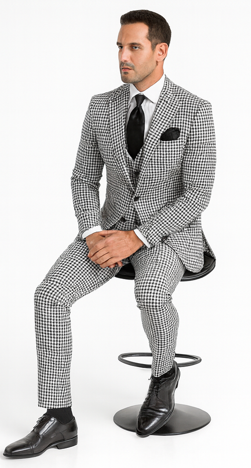 Rossi Man MAX RM1710 Slim Fit 3-Piece Black and White Houndstooth Suit USA Men's Outlet
