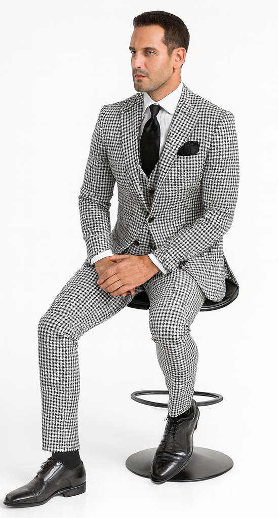Rossi Man MAX RM1710 Slim Fit 3-Piece Black and White Houndstooth Suit USA Men's Outlet