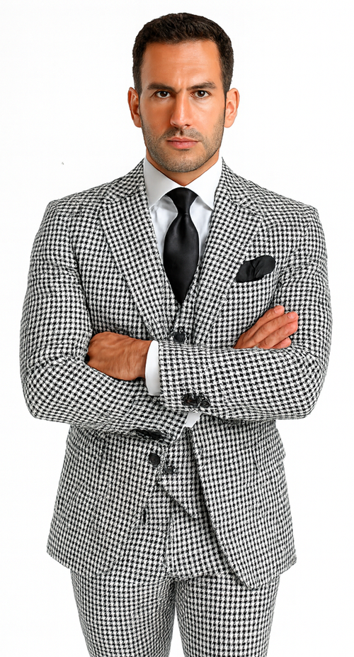 Rossi Man MAX RM1710 Slim Fit 3-Piece Black and White Houndstooth Suit USA Men's Outlet