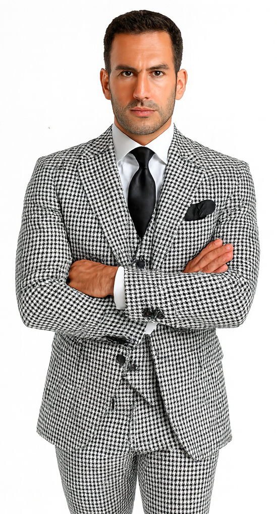 Rossi Man MAX RM1710 Slim Fit 3-Piece Black and White Houndstooth Suit USA Men's Outlet