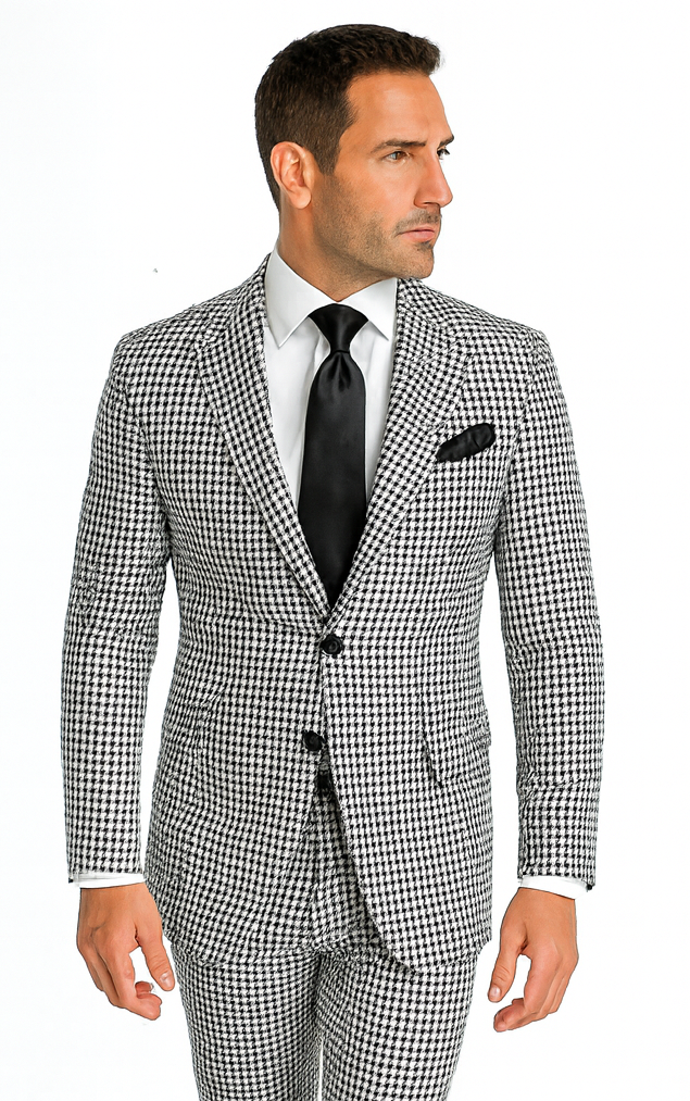 Rossi Man MAX RM1710 Slim Fit 3-Piece Black and White Houndstooth Suit USA Men's Outlet