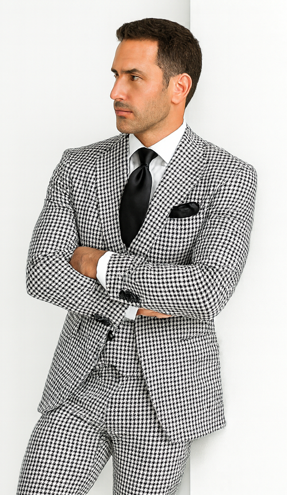 Rossi Man MAX RM1710 Slim Fit 3-Piece Black and White Houndstooth Suit USA Men's Outlet