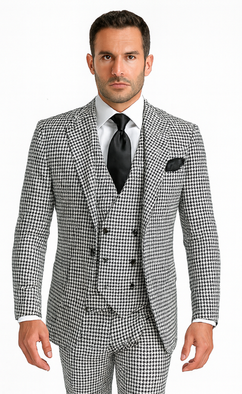 Rossi Man MAX RM1710 Slim Fit 3-Piece Black and White Houndstooth Suit USA Men's Outlet