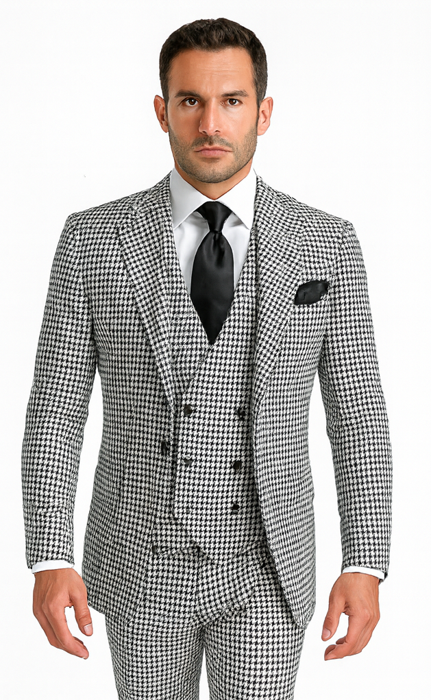 Rossi Man MAX RM1710 Slim Fit 3-Piece Black and White Houndstooth Suit USA Men's Outlet