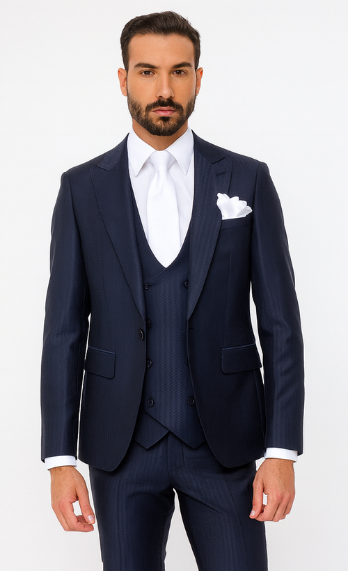 Rossi Man MAX RM1711 Navy Slim Fit 3-Piece Suit - Men’s Formalwear at USA Men's Outlet