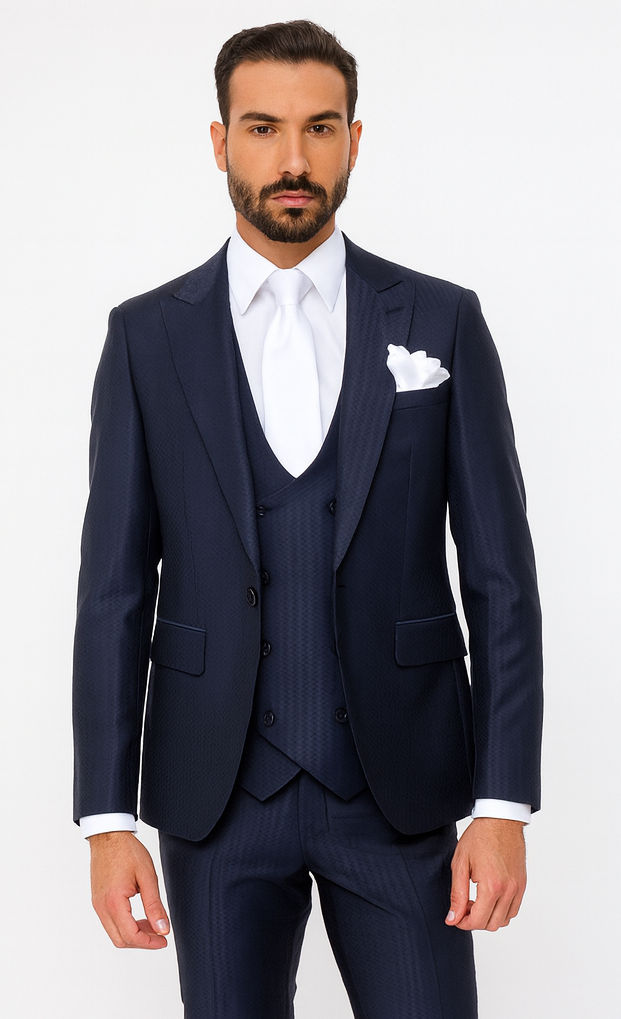 Rossi Man MAX RM1711 Navy Slim Fit 3-Piece Suit - Men’s Formalwear at USA Men's Outlet