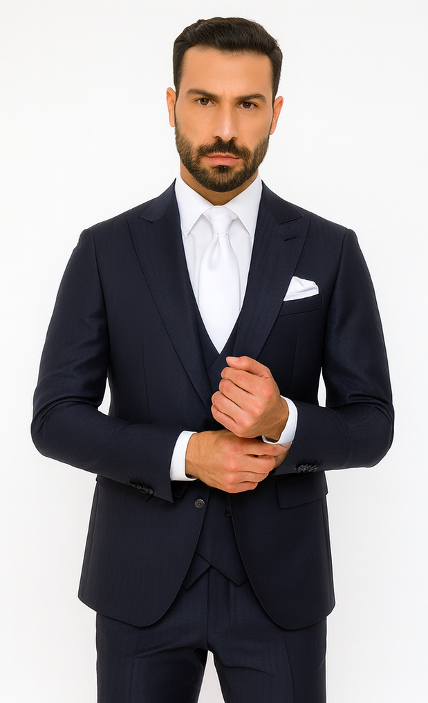 Rossi Man MAX RM1711 Navy Slim Fit 3-Piece Suit - Men’s Formalwear at USA Men's Outlet