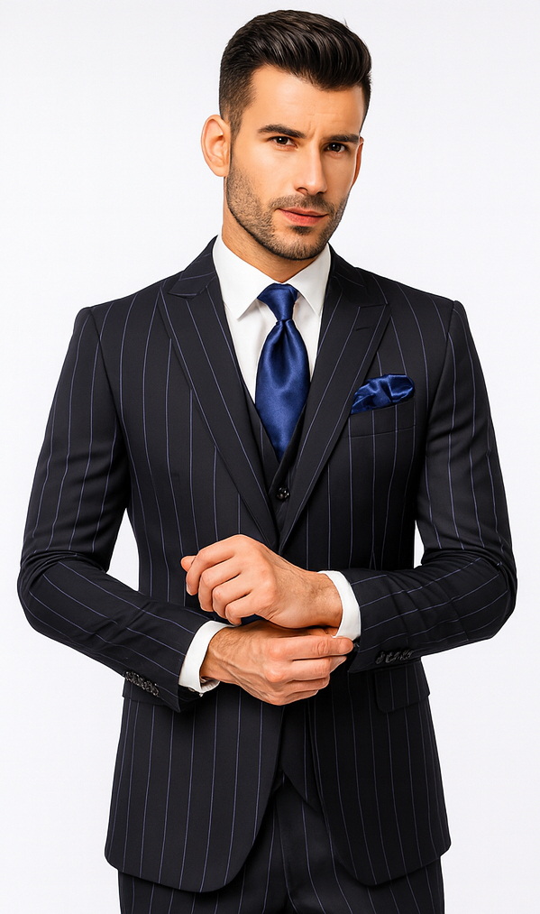 Rossi Man MAX RM1725 Navy Slim Fit 3-Piece Suit - Men’s Formalwear at USA Men's Outlet