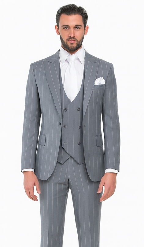 Rossi Man MAX RM1726 Grey Pinstripe Slim Fit 3-Piece Suit - Men’s Formalwear at USA Men's Outlet