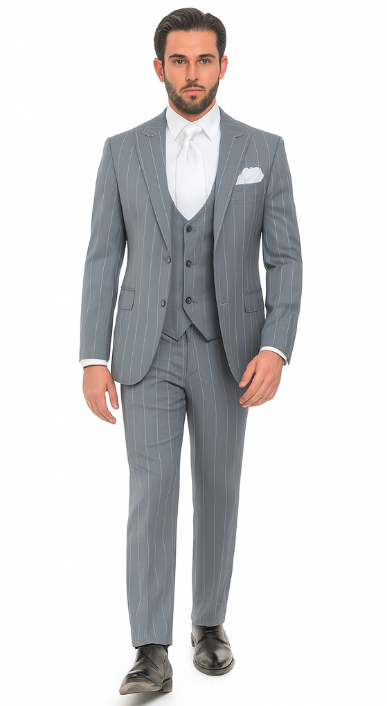 Rossi Man MAX RM1726 Grey Pinstripe Slim Fit 3-Piece Suit - Men’s Formalwear at USA Men's Outlet