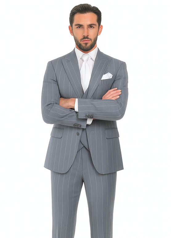 Rossi Man MAX RM1726 Grey Pinstripe Slim Fit 3-Piece Suit - Men’s Formalwear at USA Men's Outlet