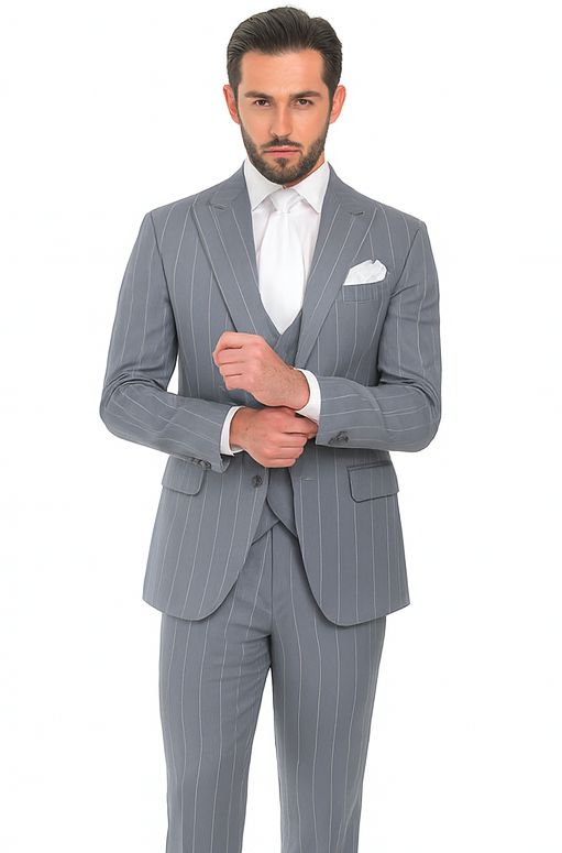 Rossi Man MAX RM1726 Grey Pinstripe Slim Fit 3-Piece Suit - Men’s Formalwear at USA Men's Outlet