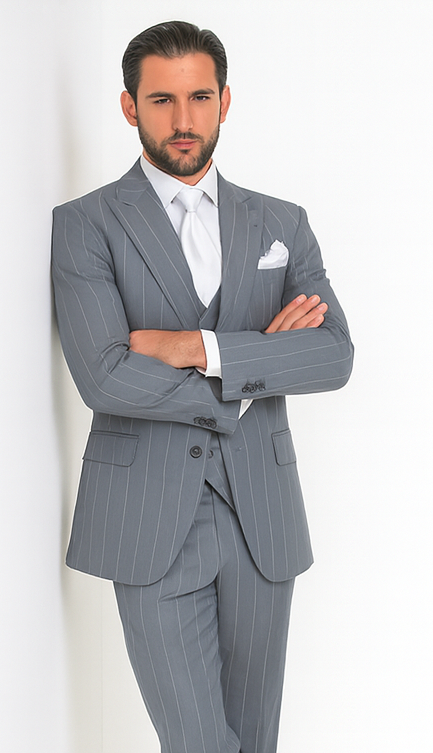 Rossi Man MAX RM1726 Grey Pinstripe Slim Fit 3-Piece Suit - Men’s Formalwear at USA Men's Outlet