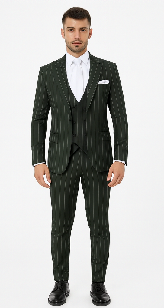 Rossi Man MAX RM1727 Green Pinstripe Slim Fit 3-Piece Suit - Men’s Formalwear by USA Men's Outlet