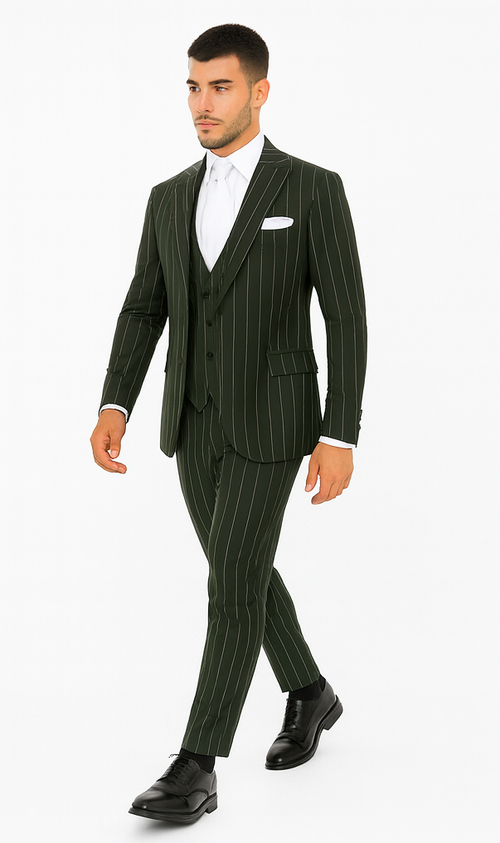 Rossi Man MAX RM1727 Green Pinstripe Slim Fit 3-Piece Suit - Men’s Formalwear by USA Men's Outlet