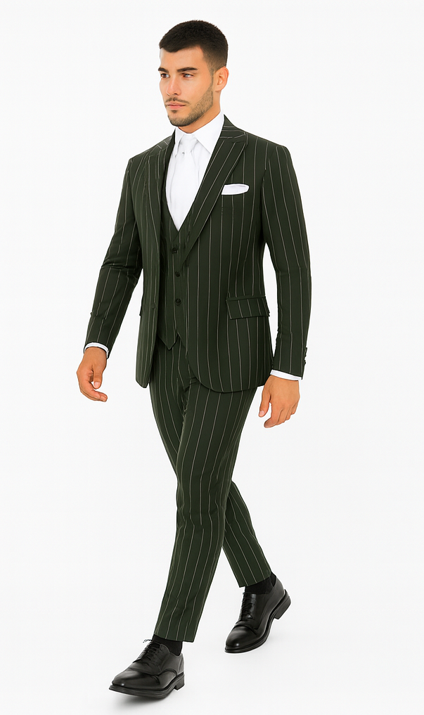 Rossi Man MAX RM1727 Green Pinstripe Slim Fit 3-Piece Suit - Men’s Formalwear by USA Men's Outlet
