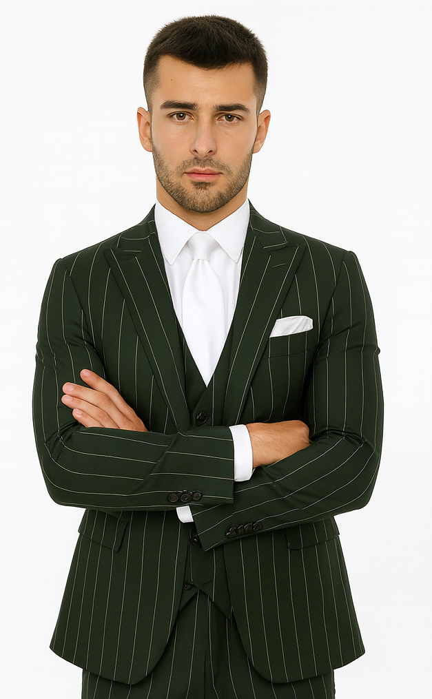 Rossi Man MAX RM1727 Green Pinstripe Slim Fit 3-Piece Suit - Men’s Formalwear by USA Men's Outlet