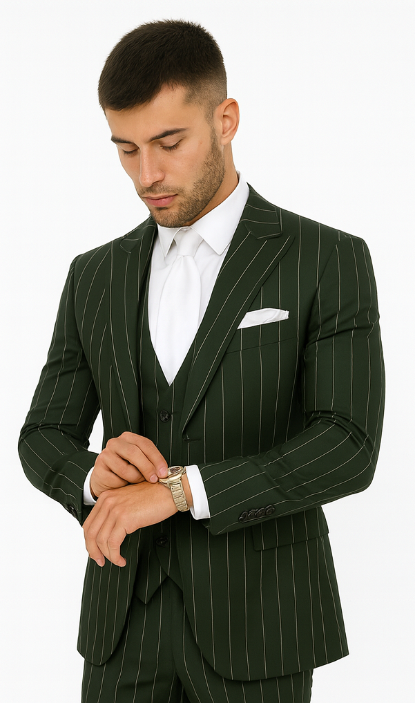 Rossi Man MAX RM1727 Green Pinstripe Slim Fit 3-Piece Suit - Men’s Formalwear by USA Men's Outlet