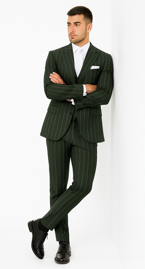 Rossi Man MAX RM1727 Green Pinstripe Slim Fit 3-Piece Suit - Men’s Formalwear by USA Men's Outlet