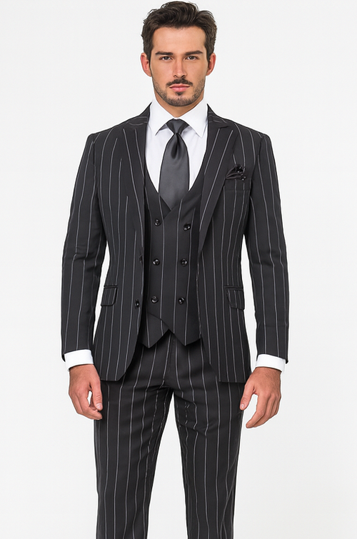 Rossi Man MAX RM1728 Black Stripe Slim Fit 3-Piece Suit - Modern Men’s Formalwear USA Men's Outlet