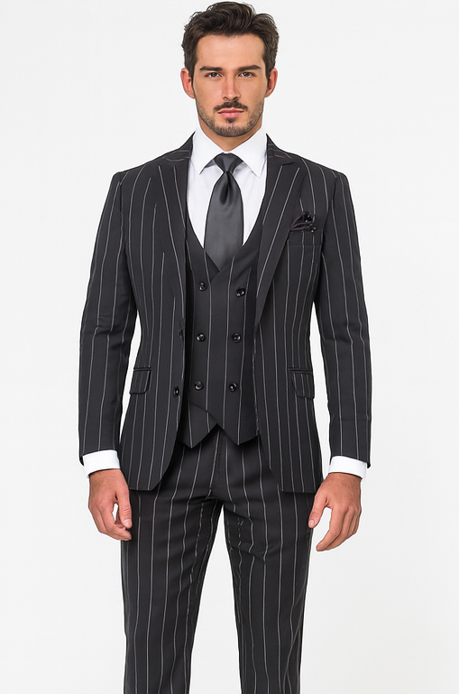 Rossi Man MAX RM1728 Black Stripe Slim Fit 3-Piece Suit - Modern Men’s Formalwear USA Men's Outlet
