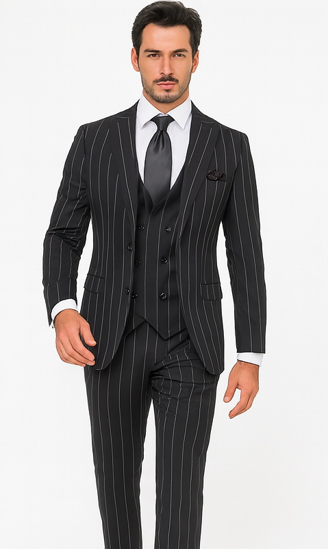 Rossi Man MAX RM1728 Black Stripe Slim Fit 3-Piece Suit - Modern Men’s Formalwear USA Men's Outlet