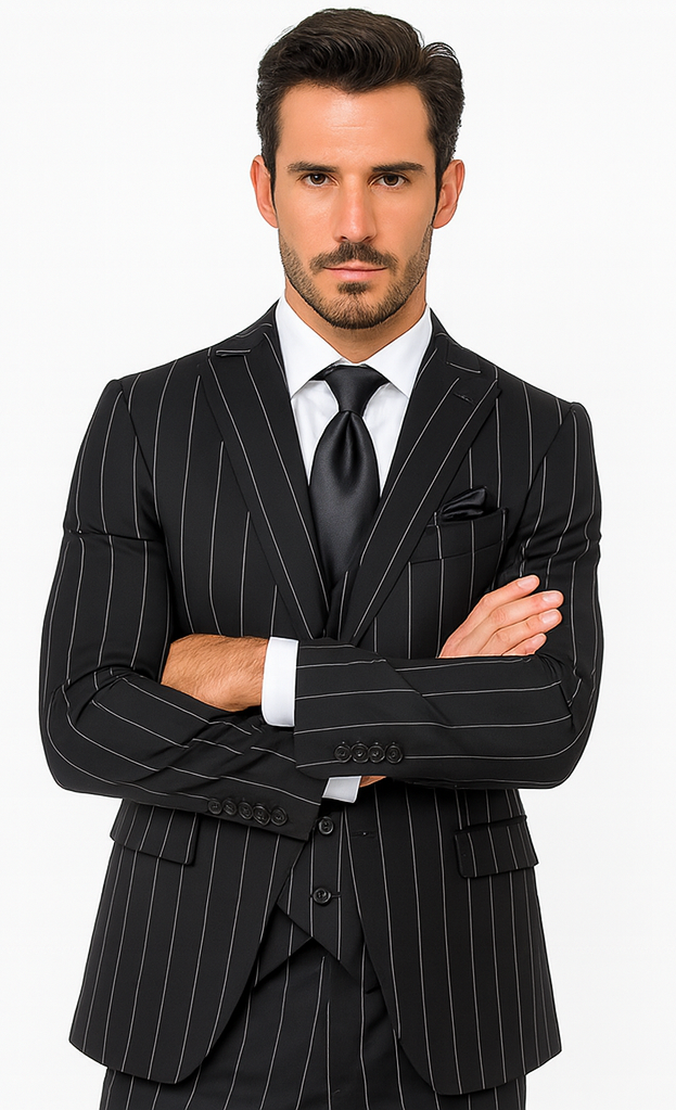 Rossi Man MAX RM1728 Black Stripe Slim Fit 3-Piece Suit - Modern Men’s Formalwear USA Men's Outlet