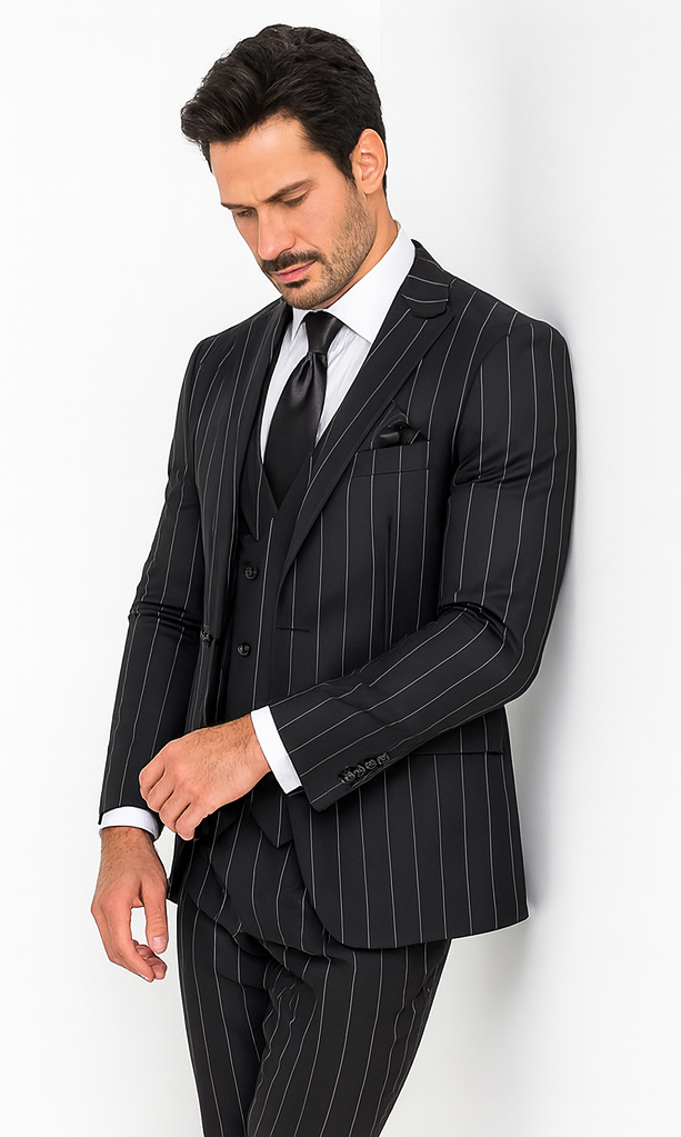 Rossi Man MAX RM1728 Black Stripe Slim Fit 3-Piece Suit - Modern Men’s Formalwear USA Men's Outlet
