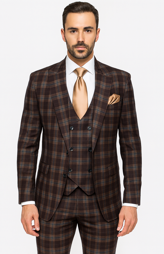Rossi Man MAX RM1735 Brown Slim Fit 3-Piece Suit - Men’s Modern Formalwear | USA Men's Outlet