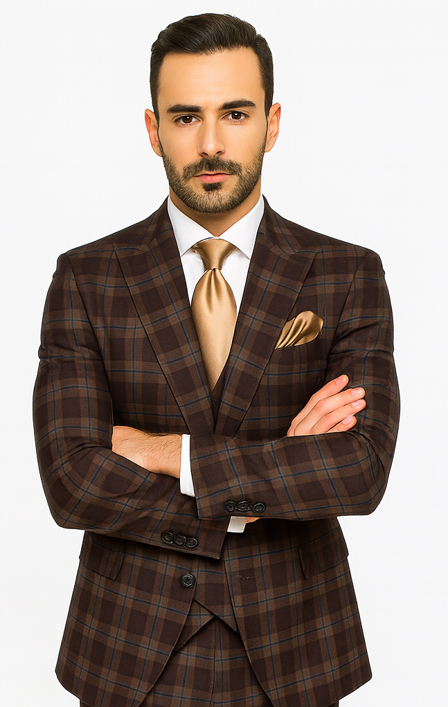 Rossi Man MAX RM1735 Brown Slim Fit 3-Piece Suit - Men’s Modern Formalwear | USA Men's Outlet