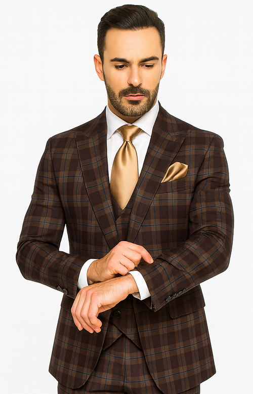 Rossi Man MAX RM1735 Brown Slim Fit 3-Piece Suit - Men’s Modern Formalwear | USA Men's Outlet