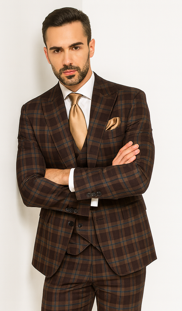 Rossi Man MAX RM1735 Brown Slim Fit 3-Piece Suit - Men’s Modern Formalwear | USA Men's Outlet