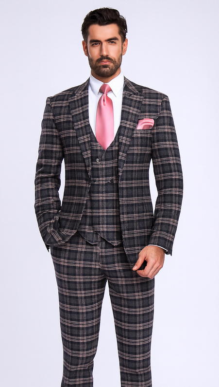 Rossi Man MAX RM1739 Black & Pink Slim Fit 3-Piece Suit - Men’s Formalwear by USA Men's Outlet