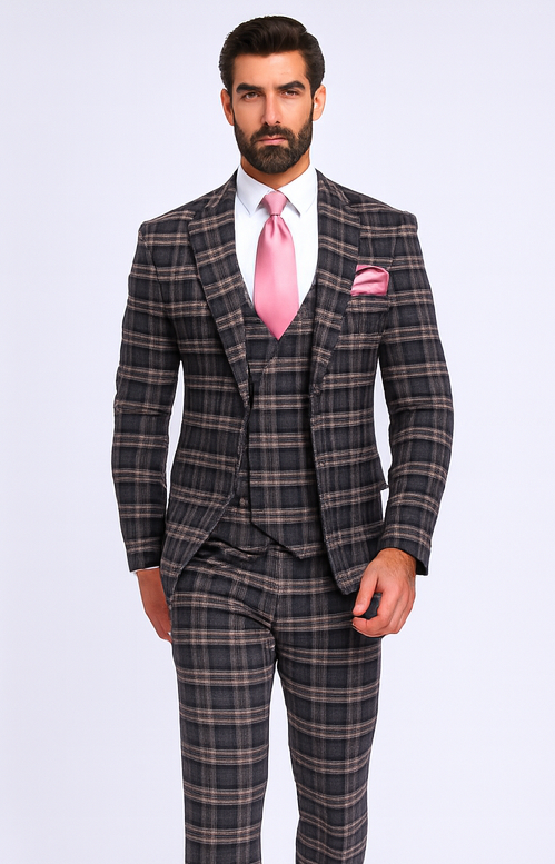 Rossi Man MAX RM1739 Black & Pink Slim Fit 3-Piece Suit - Men’s Formalwear by USA Men's Outlet