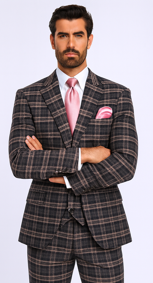 Rossi Man MAX RM1739 Black & Pink Slim Fit 3-Piece Suit - Men’s Formalwear by USA Men's Outlet