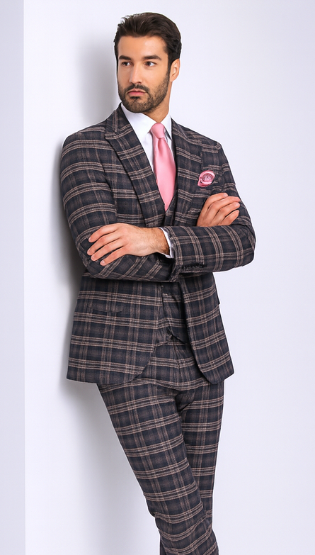 Rossi Man MAX RM1739 Black & Pink Slim Fit 3-Piece Suit - Men’s Formalwear by USA Men's Outlet