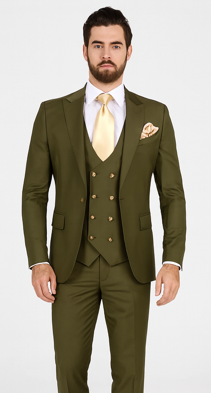 Rossi Man MAX RM1775 Olive Green Slim Fit 3-Piece Suit - Men’s Formalwear by USA Men's Outlet