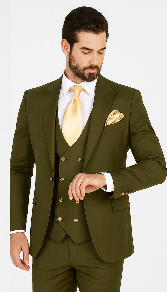 Rossi Man MAX RM1775 Olive Green Slim Fit 3-Piece Suit - Men’s Formalwear by USA Men's Outlet