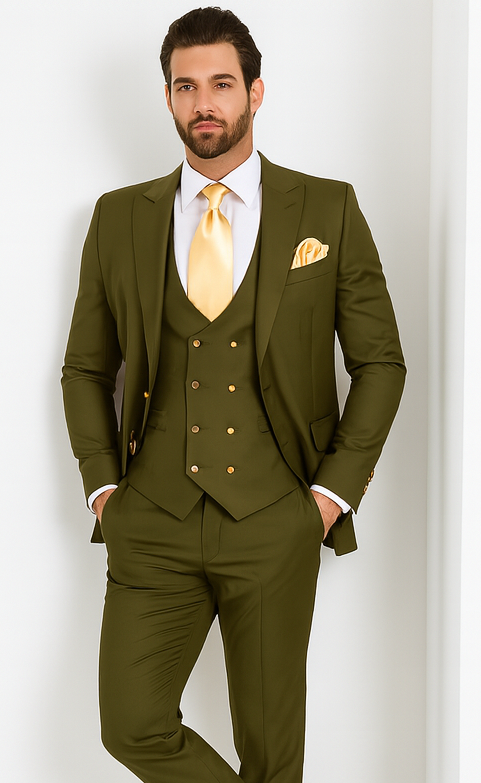 Rossi Man MAX RM1775 Olive Green Slim Fit 3-Piece Suit - Men’s Formalwear by USA Men's Outlet